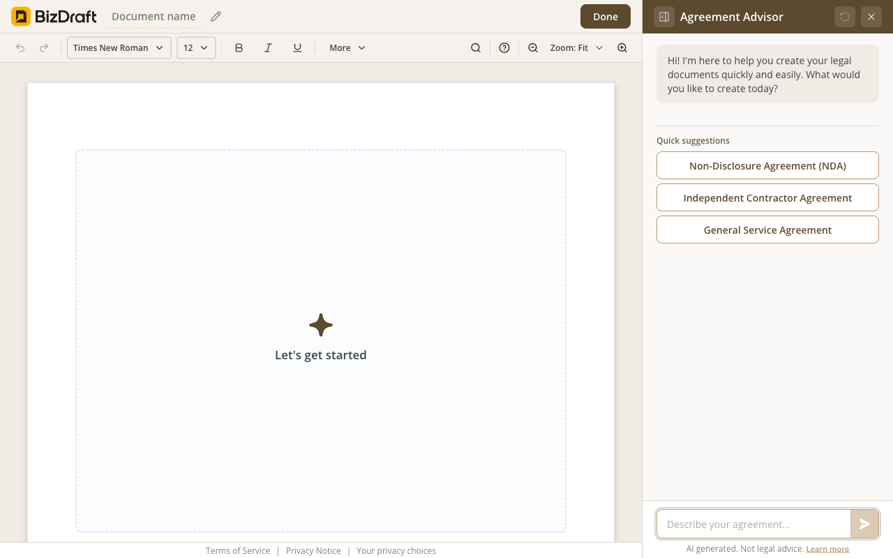 BizDraft editor first-state screen with an empty document canvas and the Agreement Advisor right rail open, prompting 