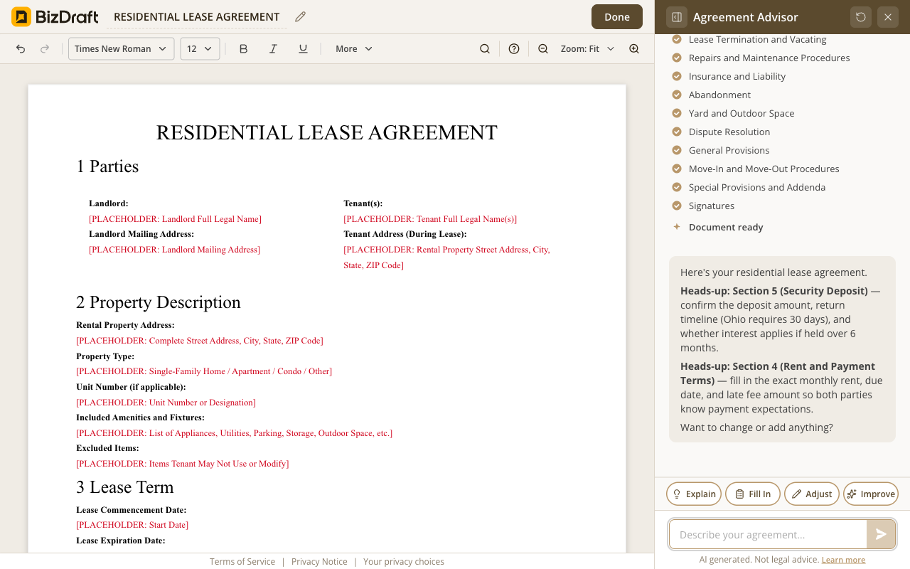BizDraft editor showing a generated Residential Lease Agreement with 19 numbered sections — Parties, Property Description, Lease Term, Rent, Security Deposit, and the rest.