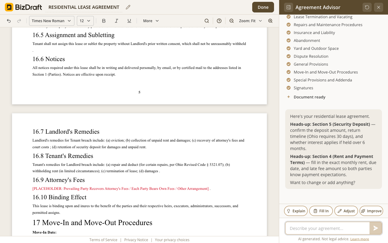 BizDraft lease draft scrolled to Section 16.7 Landlord's Remedies + 16.8 Tenant's Remedies, with Ohio Revised Code § 5321.07 cited in the prose by section number.