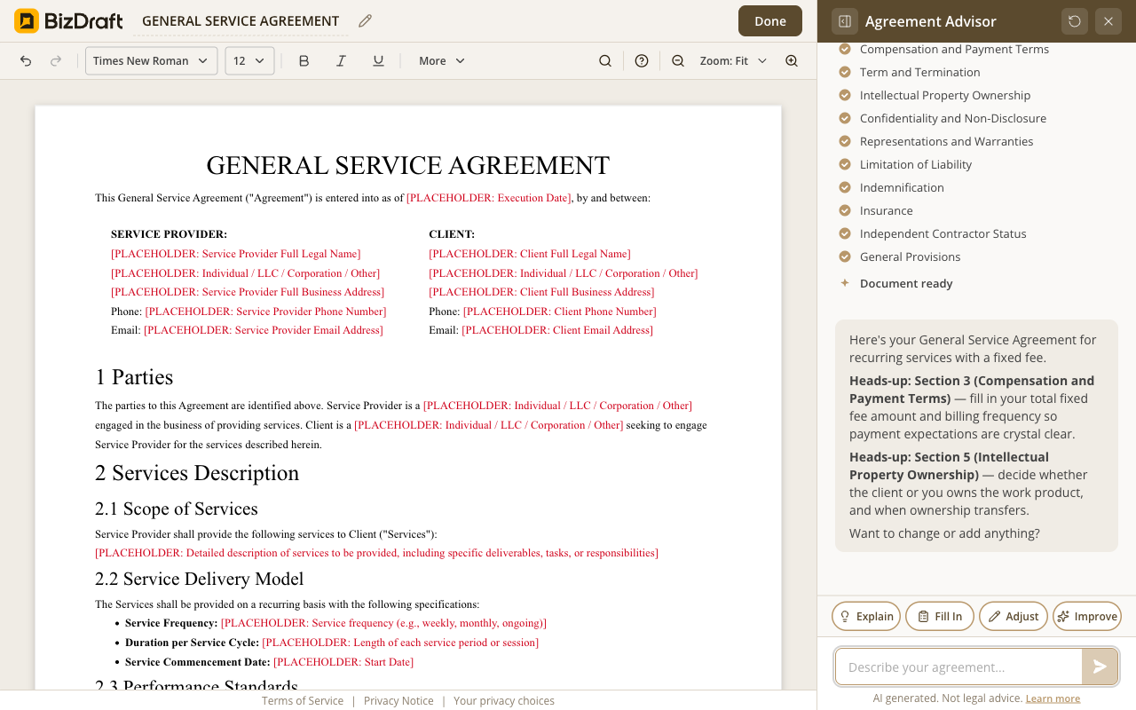 BizDraft editor showing a fully generated General Service Agreement, thirteen numbered sections deep, rendered as a Times New Roman page with inline [PLACEHOLDER] markers where the operator still needs to fill in values.